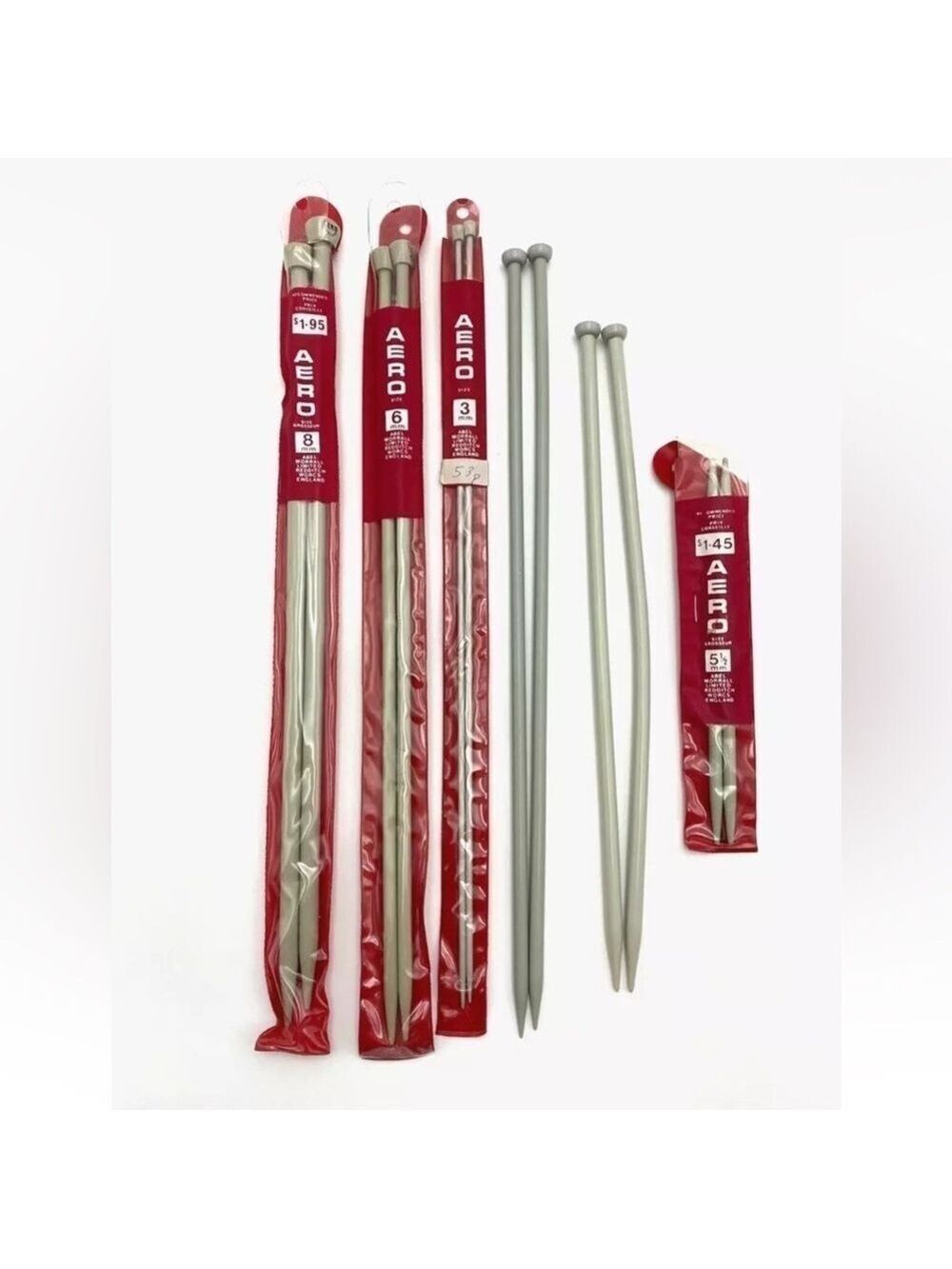 Vintage Aero England Knitting Needles Lot Mixed Sizes 3,5.5,6,8mm Sz 2,3